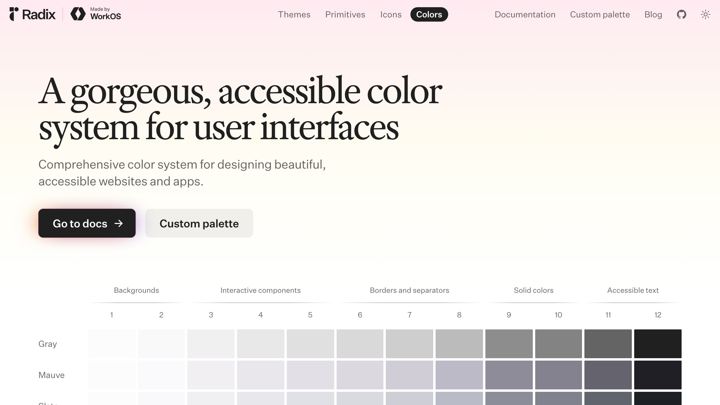 صفحة توثيق Radix Colors تعرض مقياس ألوان من 12 درجة بأدوار دلالية للخلفيات والحدود والعناصر المُصمتة