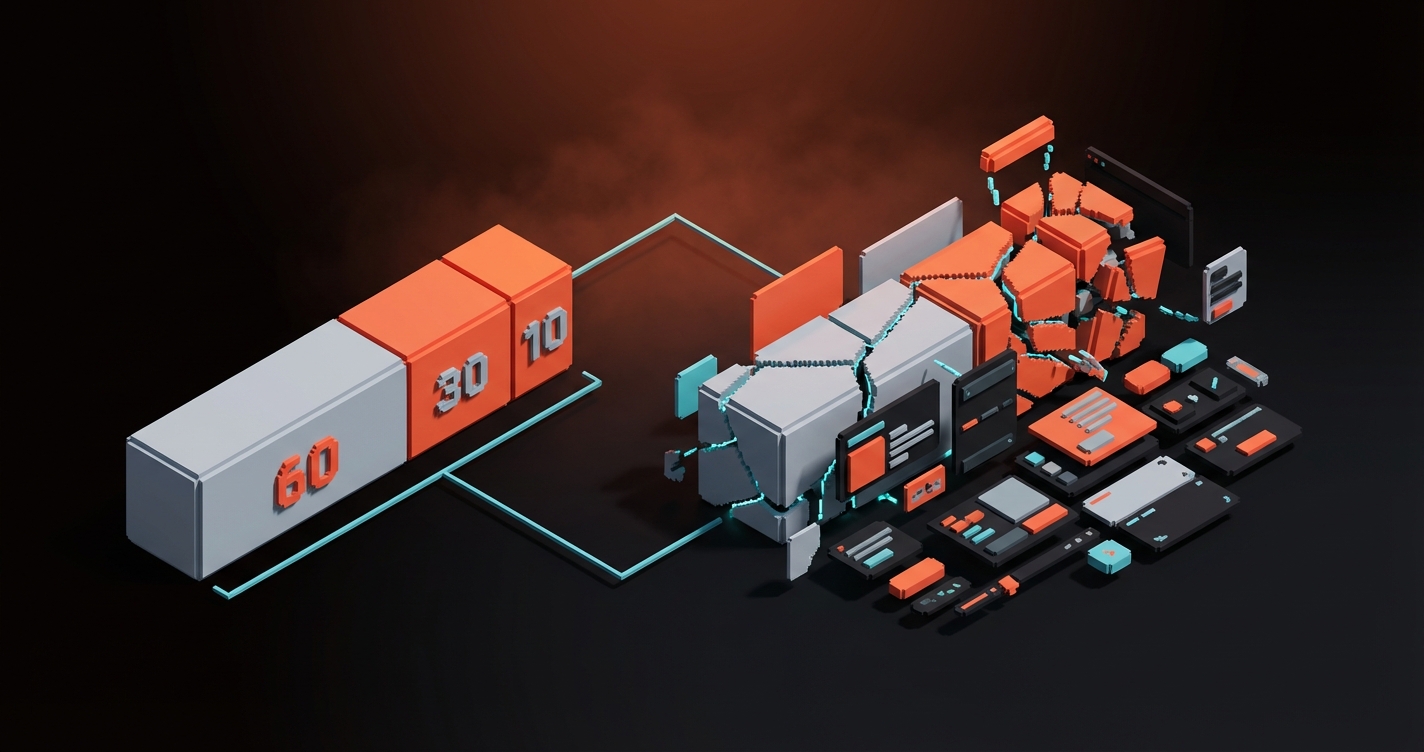 رسم بوكسلي لقاعدة 60-30-10 تتشقق بوضوح وهي تحاول تغطية أسطح واجهة منتج منشور