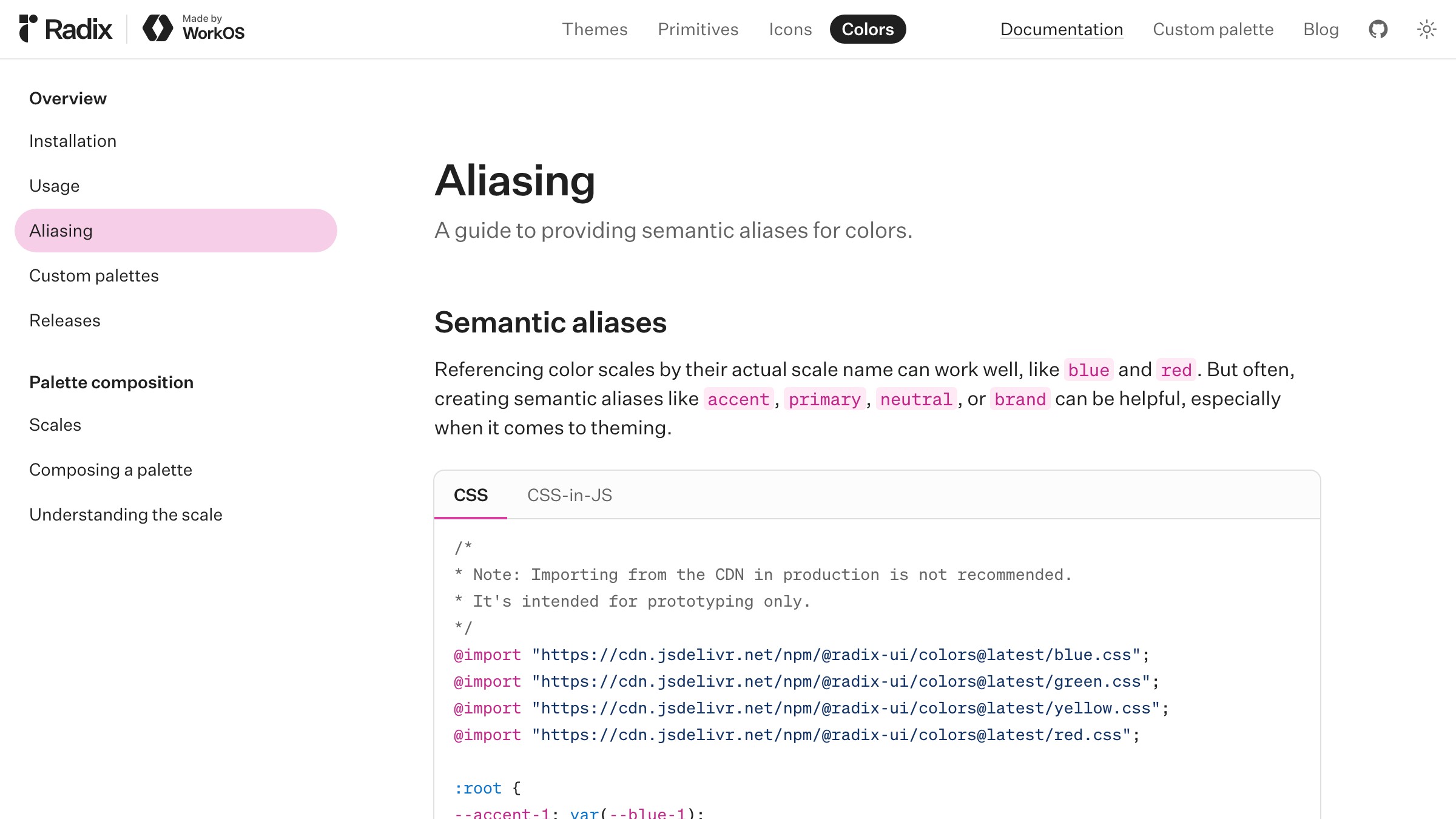 مستندات aliasing Radix Colors که نشان میدهد چگونه مقیاسهای ۱۲ پلهای به توکنهای نقشمحور که دسترسپذیری را حفظ میکنند برای متن، پسزمینهها و عناصر رابط کاربری نگاشت میشوند