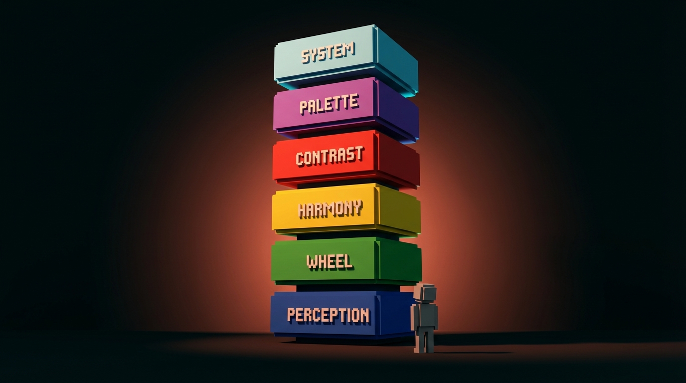 برج بوكسلي من ست ألواح موسومة مكدّسة رأسيًا تمثّل المكدّس الطبقي لنظرية الألوان لمصمم ممارس: الإدراك، العجلة، التناغم، التباين، اللوحة، النظام