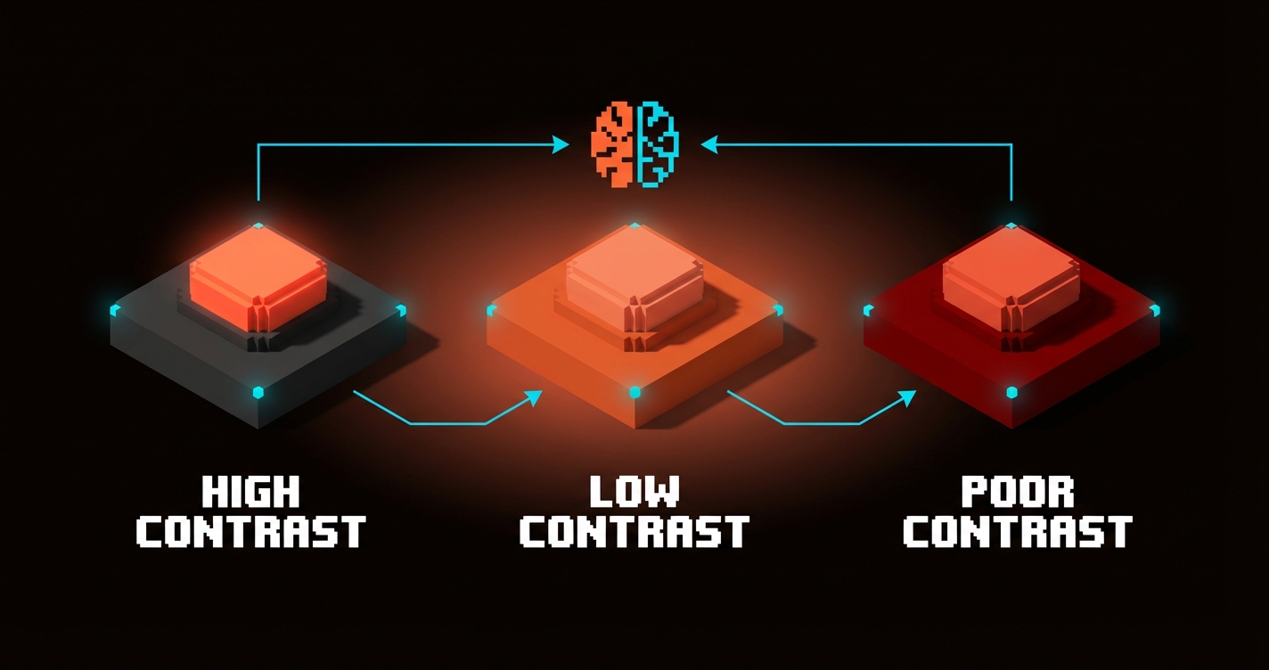 لوحة بوكسل مقسّمة تُظهر نفس بلاط زر البرجاني موضوعًا على ثلاث خلفيات مختلفة: متوهج على خلفية داكنة محايدة، وخافت على برتقالي، وغير مرئي تقريبًا على أحمر داكن، يُظهر إدراك اللون المعتمد على السياق