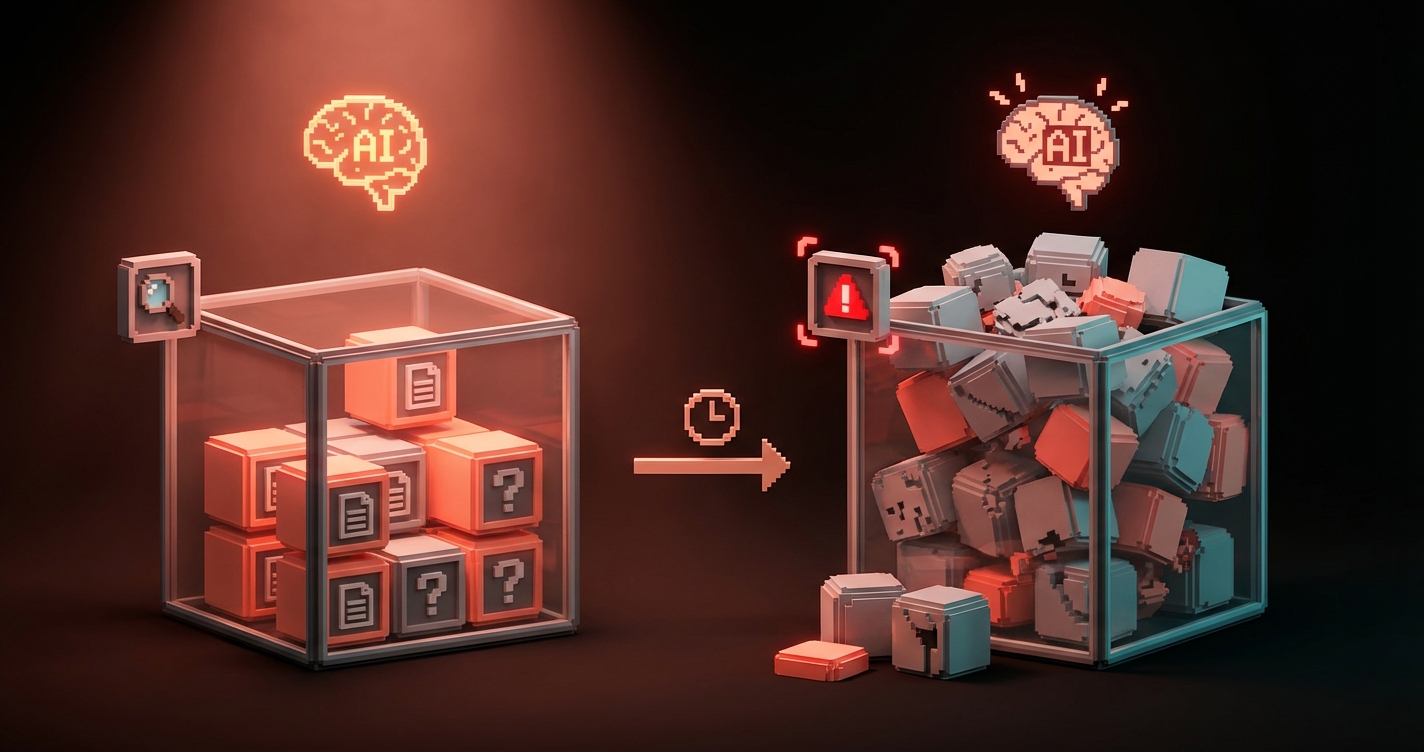 Clean versus overloaded AI context blocks showing how session inputs pile up and create drag