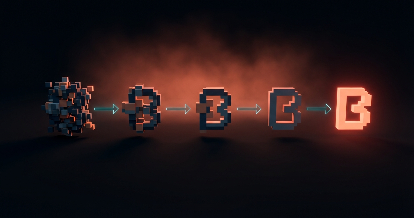 体素图表显示5步减少过程:宽草图缩小到一个精细的几何标记