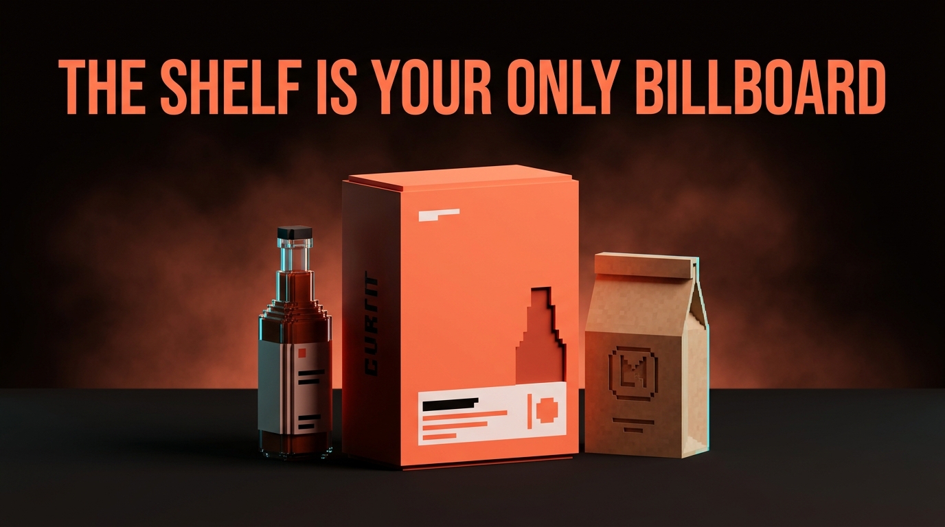 Voxel packaging design scene showing premium product boxes and containers with bold branding on a dark editorial surface