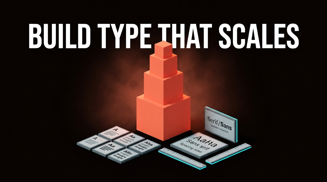 Voxel typography workspace showing modular scale blocks and type specimens on a dark studio surface