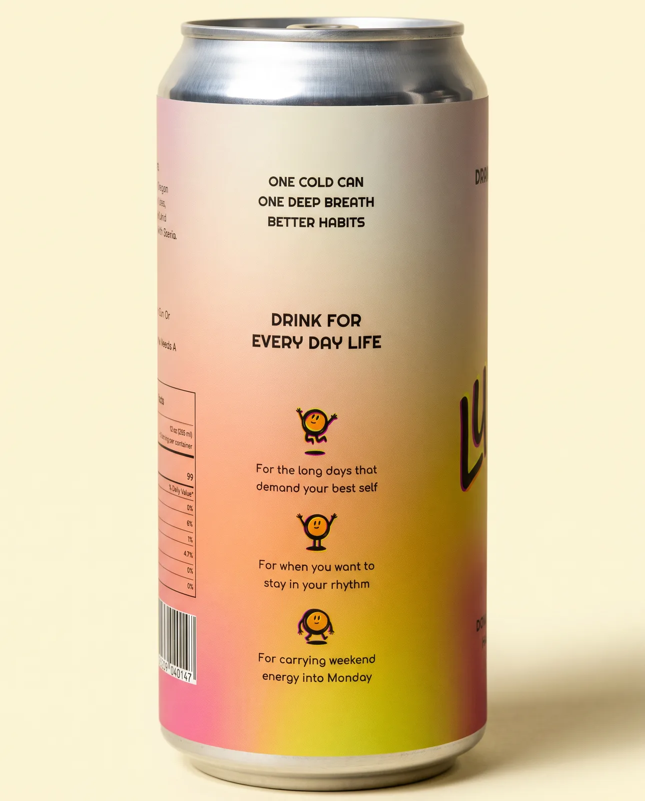 The back of a Luma can on cream: One cold can, one deep breath, better habits, and the three mascot badges