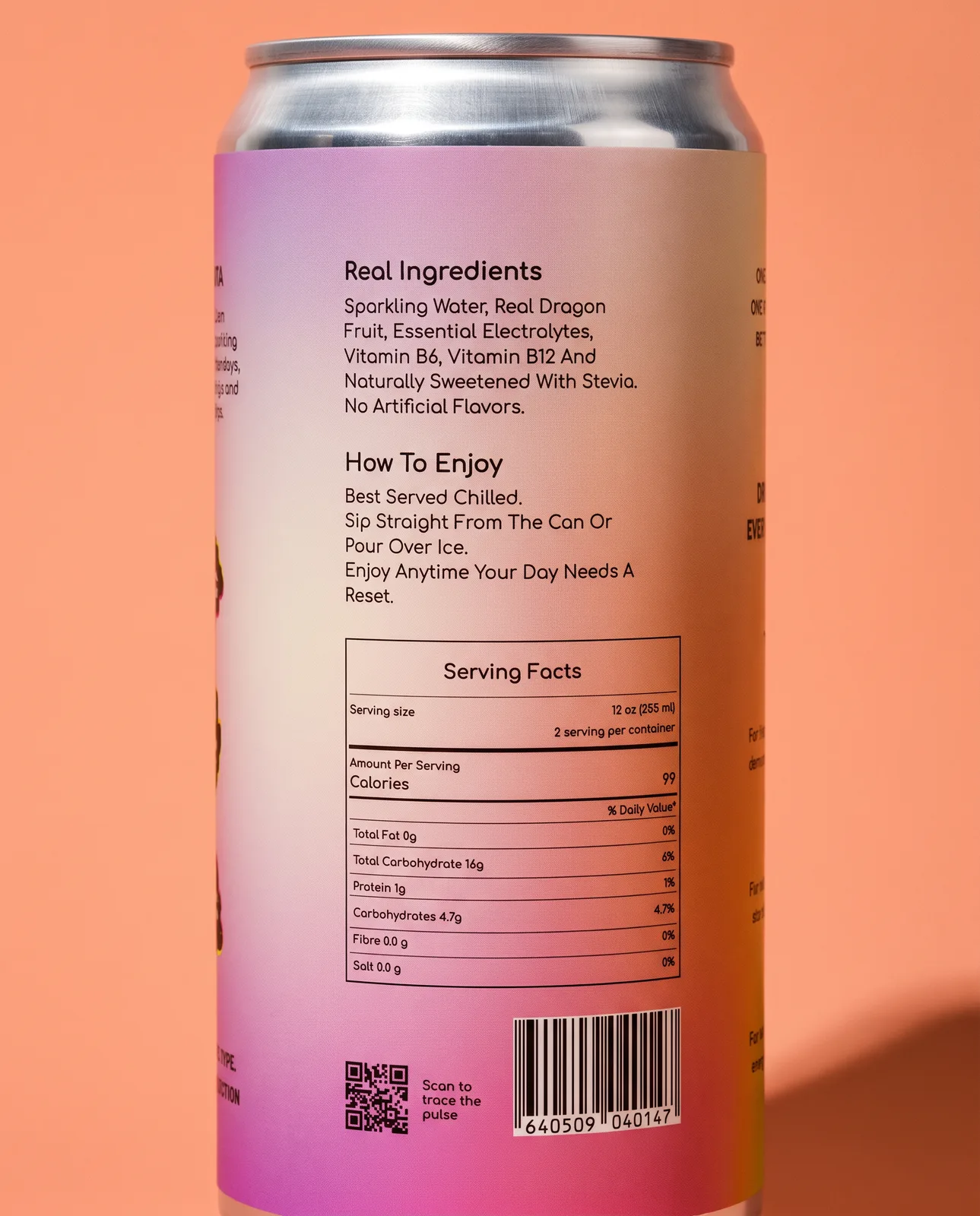 The ingredients panel of a Luma can on coral: real ingredients, how to enjoy, serving facts and the barcode